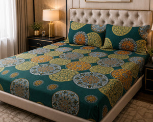 3D Crystal Cotton Bedsheet Set – Teal & Gold Ornate Mandala Medallion | 3-Piece Luxury Bedding