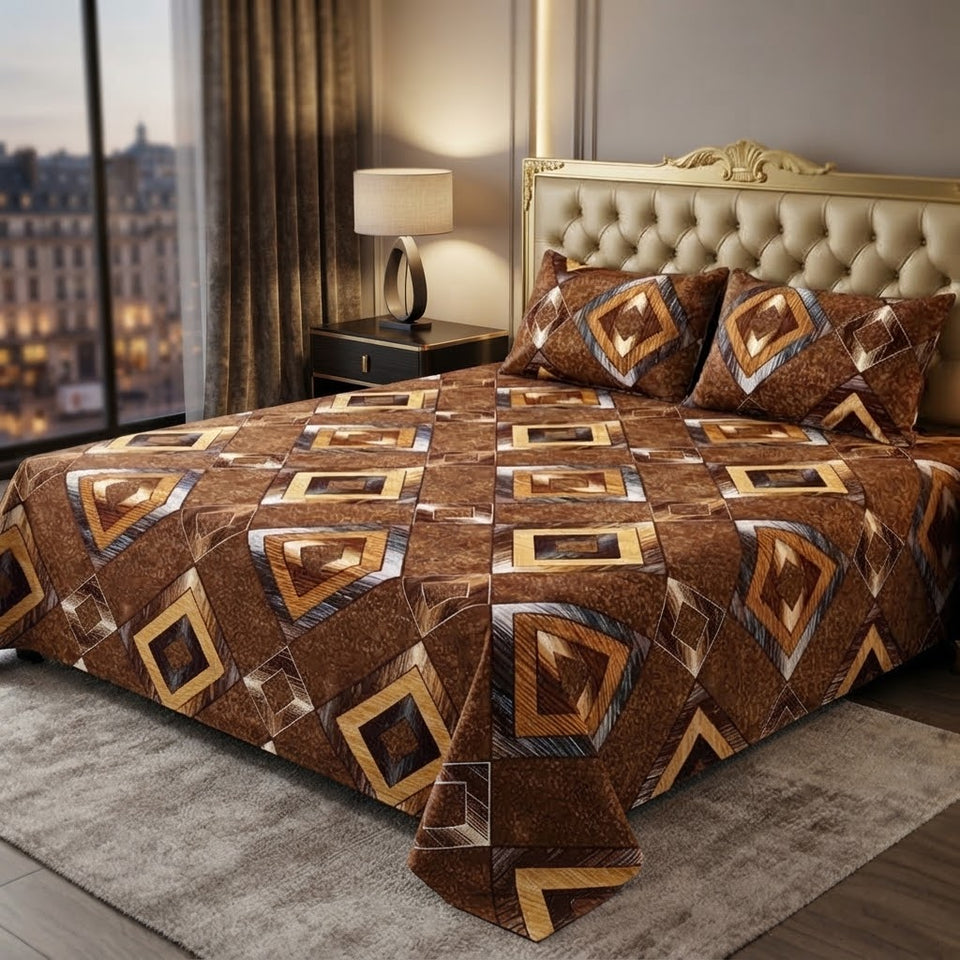3D Crystal Cotton 3PC Bedsheet Set With Multicoloured Geometric Design And 2 Piping Pillow Covers