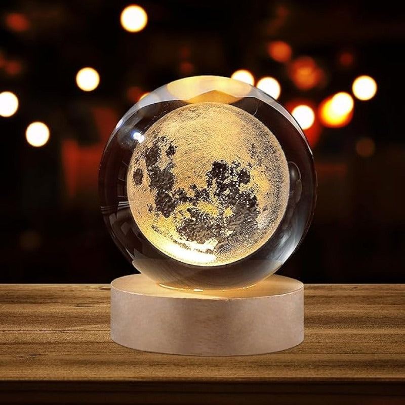 Moon Shape Crystal Ball LED Lamp with Wooden Base – Decorative Night Light