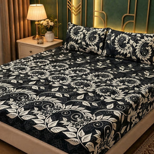 3D Crystal Cotton Bedsheet Set – Black & Gold Swirl Vine Leaf Print | 3-Piece Premium Bedding