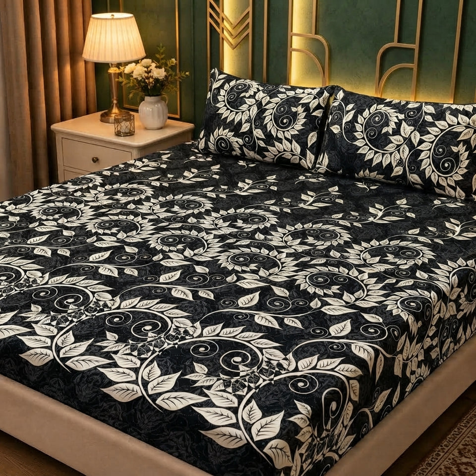 3D Crystal Cotton Bedsheet Set – Black & Gold Swirl Vine Leaf Print | 3-Piece Premium Bedding