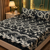 3D Crystal Cotton Bedsheet Set – Black & Gold Swirl Vine Leaf Print | 3-Piece Premium Bedding