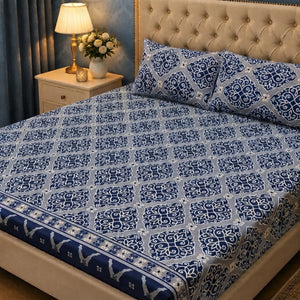 3D Crystal Cotton Bedsheet Set – Navy Blue Moroccan Medallion Trellis | 3-Piece Premium Bedding