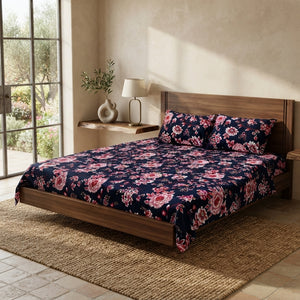 3D Crystal Cotton Bedsheet Set – Navy Blue Pink Peony Floral | 3-Piece Premium Bedding