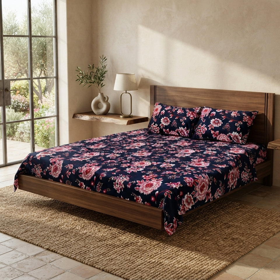 3D Crystal Cotton Bedsheet Set – Navy Blue Pink Peony Floral | 3-Piece Premium Bedding