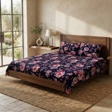 3D Crystal Cotton Bedsheet Set – Navy Blue Pink Peony Floral | 3-Piece Premium Bedding