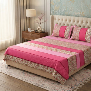 3D Crystal Cotton Bedsheet Set – Pink Floral Stripe & Ditsy Rose Print | 3-Piece Premium Bedding