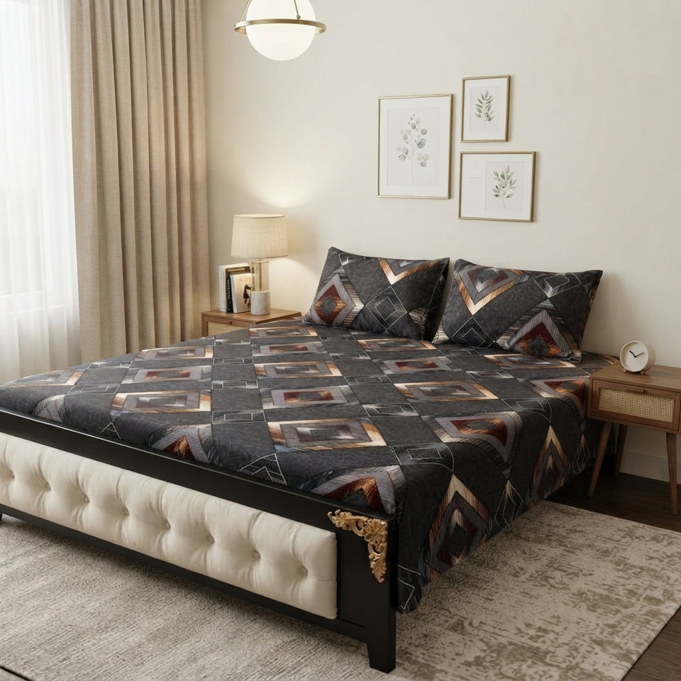 3D Crystal Cotton 3 Piece Bedsheet Set - Home Accessory Designed For Bedroom Comfort (AY0010058)