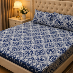 3D Crystal Cotton Bedsheet Set – Navy Blue Moroccan Medallion Trellis | 3-Piece Premium Bedding