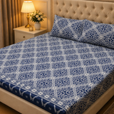 3D Crystal Cotton Bedsheet Set – Navy Blue Moroccan Medallion Trellis | 3-Piece Premium Bedding