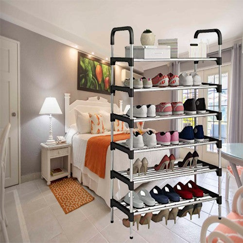 6 layer shoe rack used for organized footwear storage in a bedroom