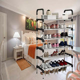 6 layer shoe rack used for organized footwear storage in a bedroom