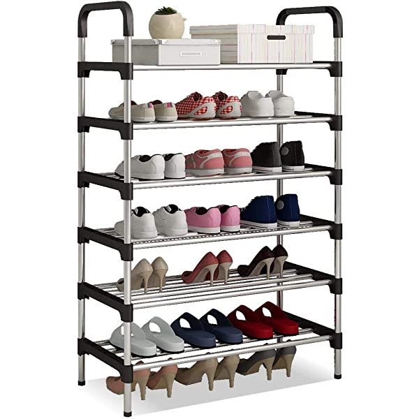 6 layer shoe rack with different footwear organized across the shelves
