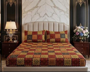 3D Crystal Cotton Bedsheet Set – Red & Gold Mughal Tile Patchwork | 3-Piece Heritage Bedding