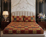 3D Crystal Cotton Bedsheet Set – Red & Gold Mughal Tile Patchwork | 3-Piece Heritage Bedding