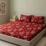 3D Crystal Cotton Bedsheet Set – Red Botanical Floral Print | 3-Piece Premium Bedding