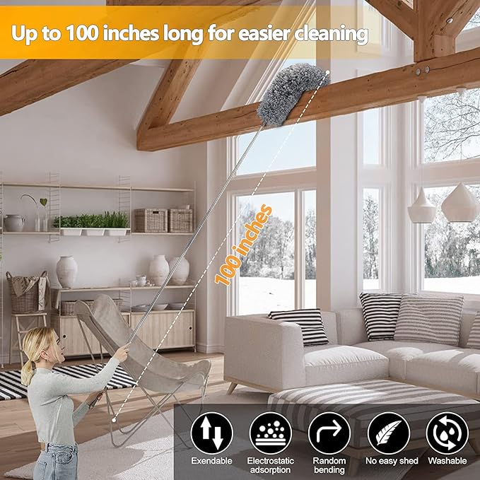 Flexible Microfiber Feather Duster Kit with 30-100 Inches Telescoping