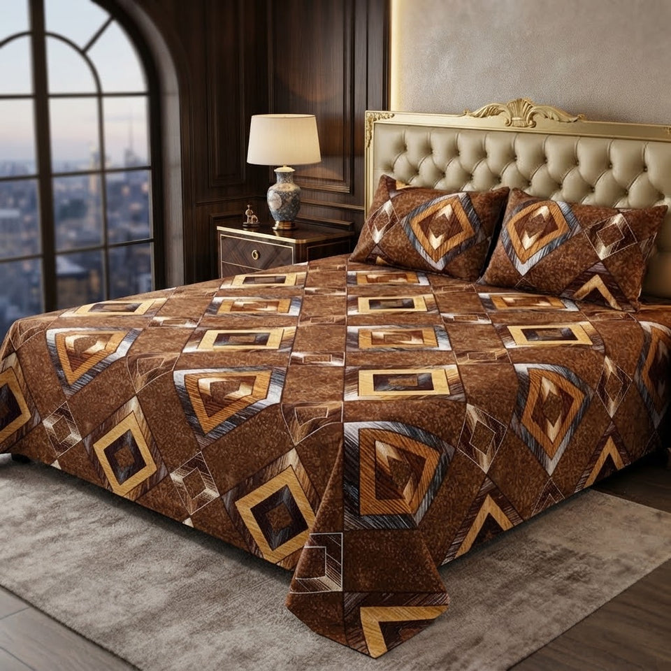 3D Crystal Cotton 3PC Bedsheet Set With Multicoloured Geometric Design And 2 Piping Pillow Covers