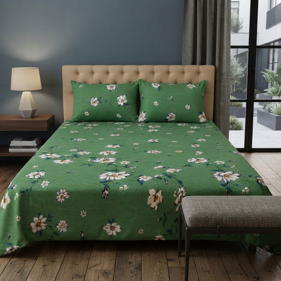 3D Crystal Cotton Bedsheet Set – Forest Green Daisy & Magnolia Floral | 3-Piece Premium Bedding