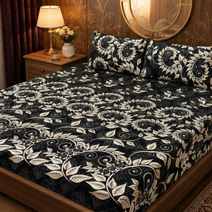 3D Crystal Cotton Bedsheet Set – Black & Gold Swirl Vine Leaf Print | 3-Piece Premium Bedding