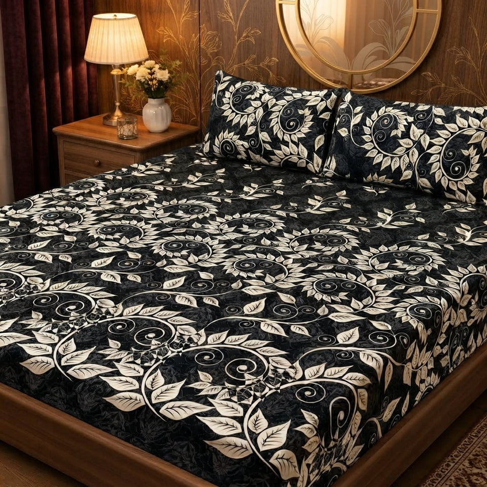 3D Crystal Cotton Bedsheet Set – Black & Gold Swirl Vine Leaf Print | 3-Piece Premium Bedding