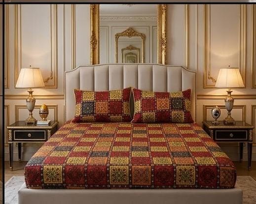 3D Crystal Cotton Bedsheet Set – Red & Gold Mughal Tile Patchwork | 3-Piece Heritage Bedding