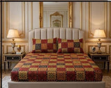 3D Crystal Cotton Bedsheet Set – Red & Gold Mughal Tile Patchwork | 3-Piece Heritage Bedding