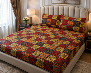 3D Crystal Cotton Bedsheet Set – Red & Gold Mughal Tile Patchwork | 3-Piece Heritage Bedding
