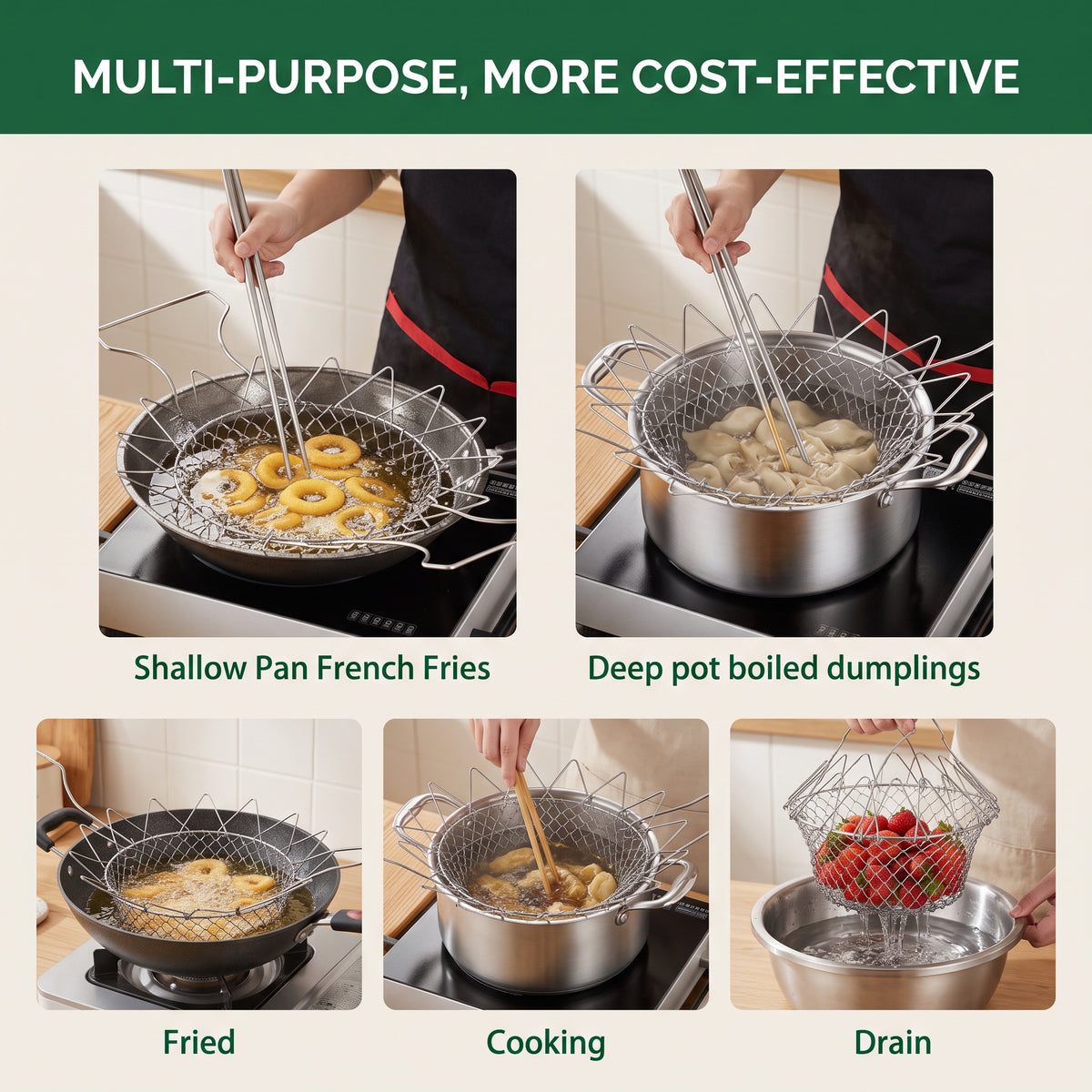 Stainless Steel Foldable Frying Basket – Multipurpose Kitchen Strainer