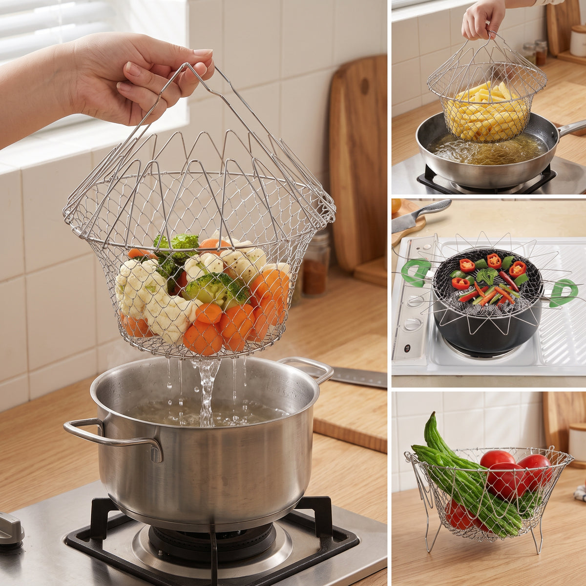 Stainless Steel Foldable Frying Basket – Multipurpose Kitchen Strainer