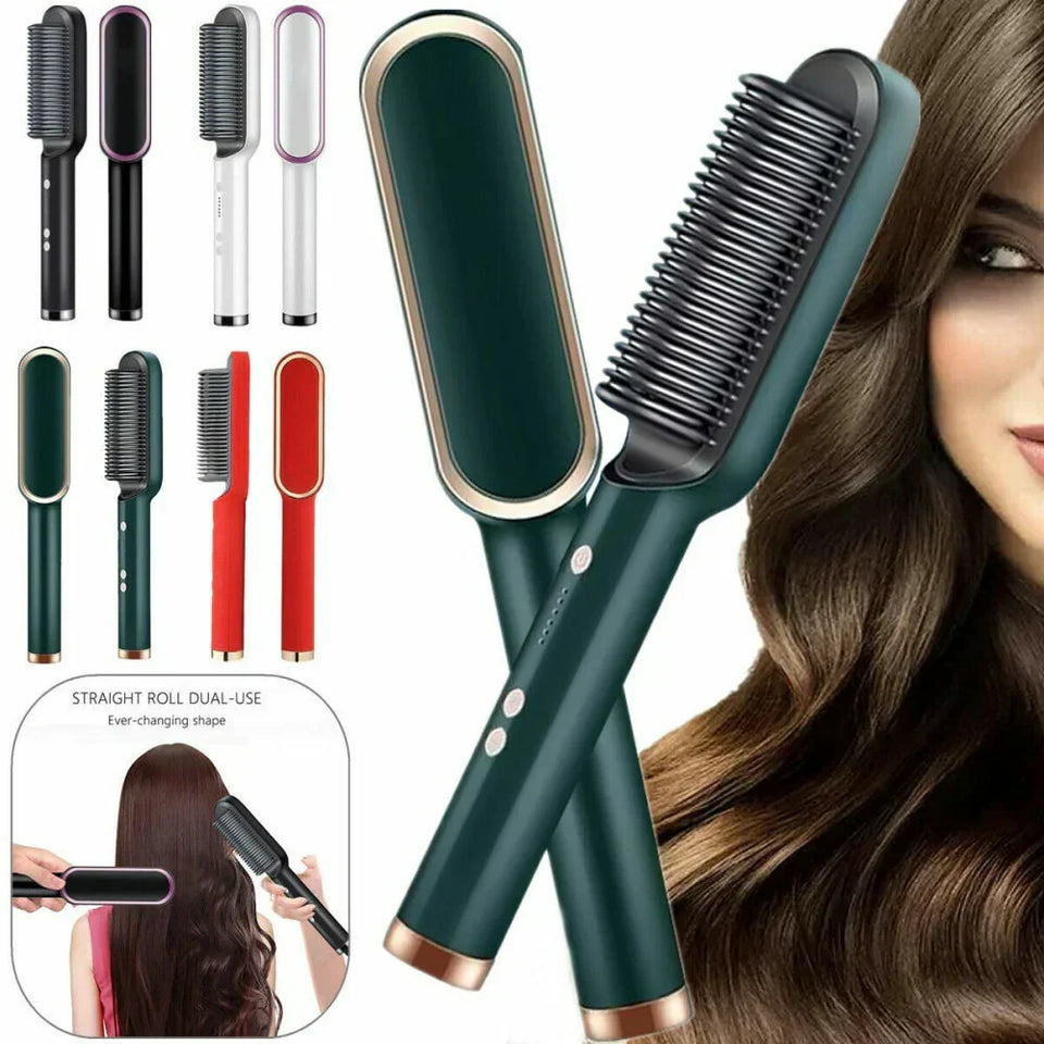 2-in-1 Hair Straightening Brush & Curler Heated Styling Tool