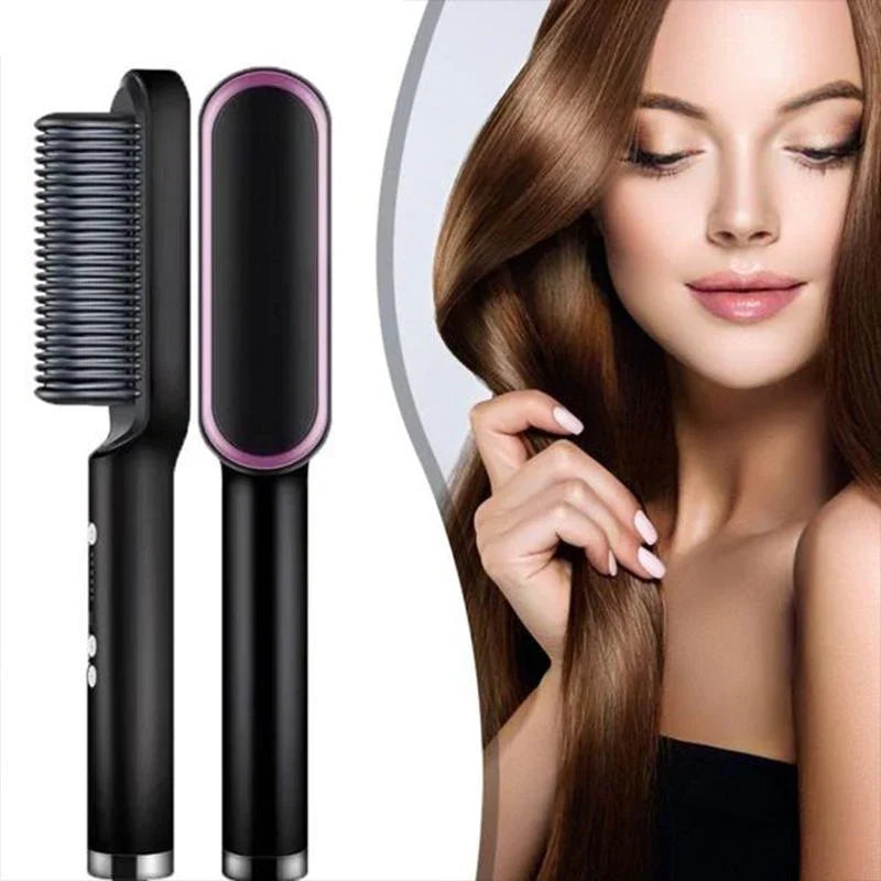 2-in-1 Hair Straightening Brush & Curler Heated Styling Tool
