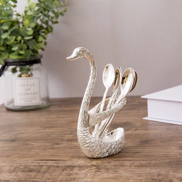 Stainless Steel Spoon Set with Swan Holder – Pack of 6