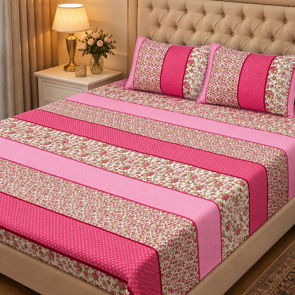 3D Crystal Cotton Bedsheet Set – Pink Floral Stripe & Ditsy Rose Print | 3-Piece Premium Bedding
