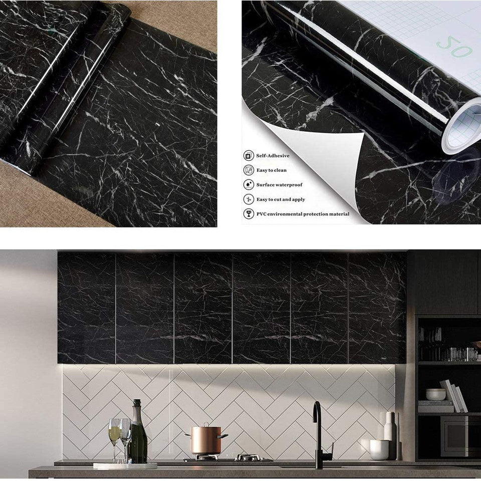 Self Adhesive Black Marble Sheet for Kitchen Waterproof – Pack of 5
