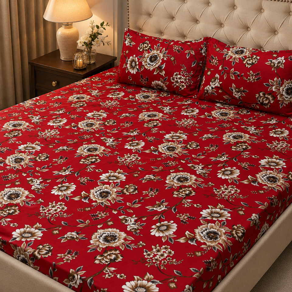 3D Crystal Cotton Bedsheet Set – Red Botanical Floral Print | 3-Piece Premium Bedding