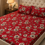 3D Crystal Cotton Bedsheet Set – Red Botanical Floral Print | 3-Piece Premium Bedding