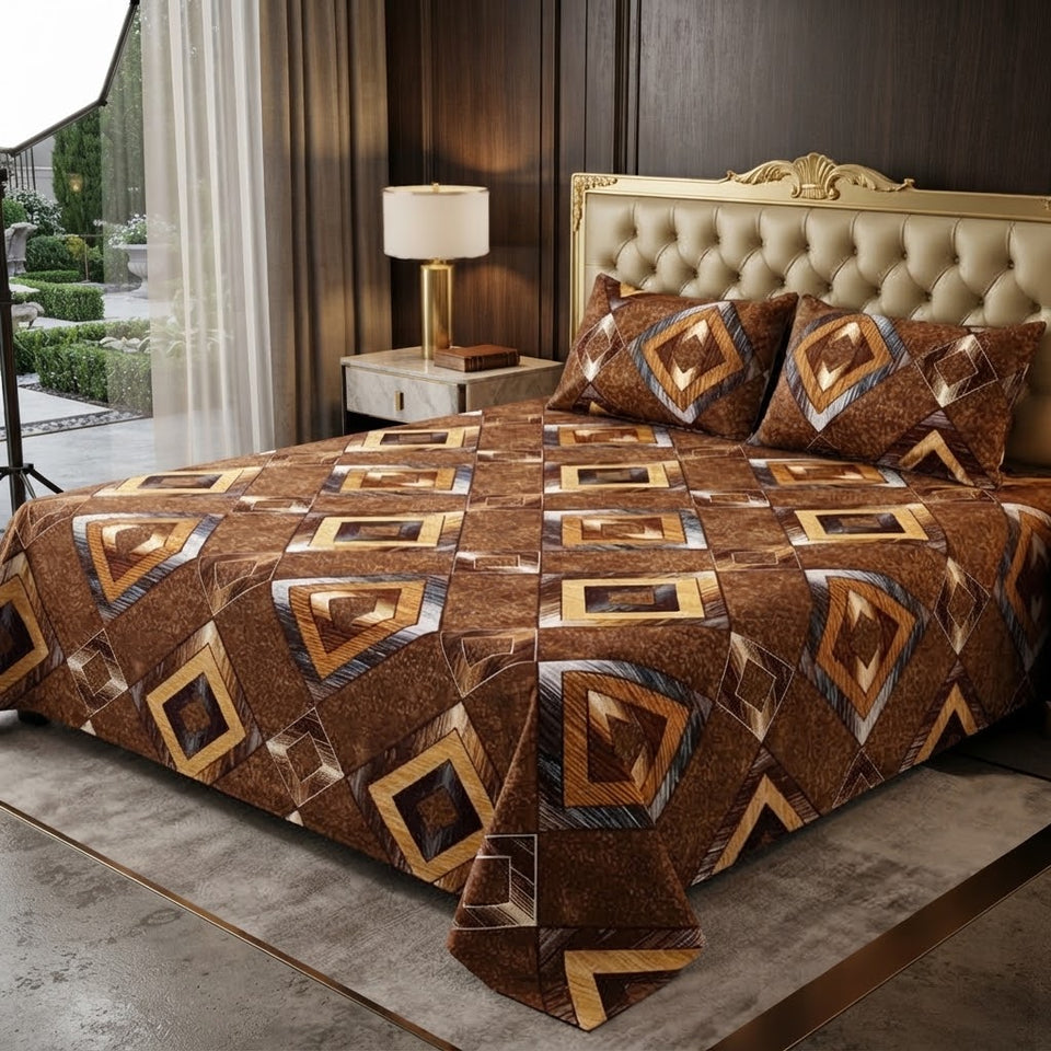 3D Crystal Cotton 3PC Bedsheet Set With Multicoloured Geometric Design And 2 Piping Pillow Covers