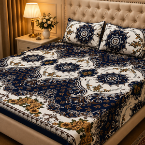 3D Crystal Cotton Bedsheet Set – Navy Blue Mandala & Baroque Floral | 3-Piece Royal Bedding