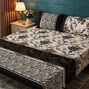 3D Crystal Cotton Bedsheet Set – Cream Baroque Floral & Zebra Border | 3-Piece Premium Bedding