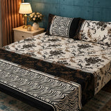 3D Crystal Cotton Bedsheet Set – Cream Baroque Floral & Zebra Border | 3-Piece Premium Bedding