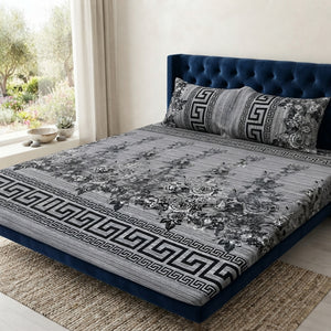 3D Crystal Cotton Bedsheet Set – Grey Greek Key & Floral Border Print | 3-Piece Premium Bedding