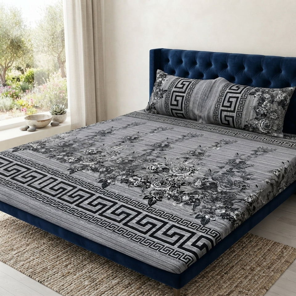 3D Crystal Cotton Bedsheet Set – Grey Greek Key & Floral Border Print | 3-Piece Premium Bedding