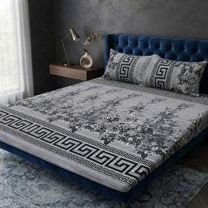 3D Crystal Cotton Bedsheet Set – Grey Greek Key & Floral Border Print | 3-Piece Premium Bedding