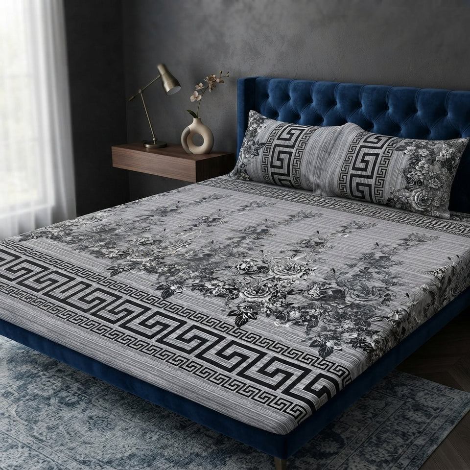 3D Crystal Cotton Bedsheet Set – Grey Greek Key & Floral Border Print | 3-Piece Premium Bedding