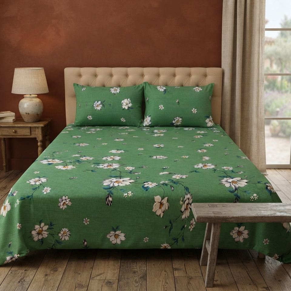 3D Crystal Cotton Bedsheet Set – Forest Green Daisy & Magnolia Floral | 3-Piece Premium Bedding