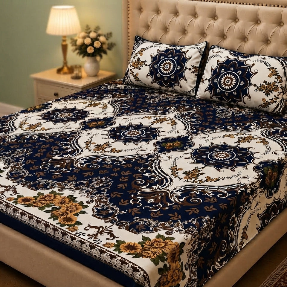 3D Crystal Cotton Bedsheet Set – Navy Blue Mandala & Baroque Floral | 3-Piece Royal Bedding
