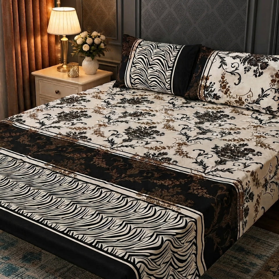 3D Crystal Cotton Bedsheet Set – Cream Baroque Floral & Zebra Border | 3-Piece Premium Bedding