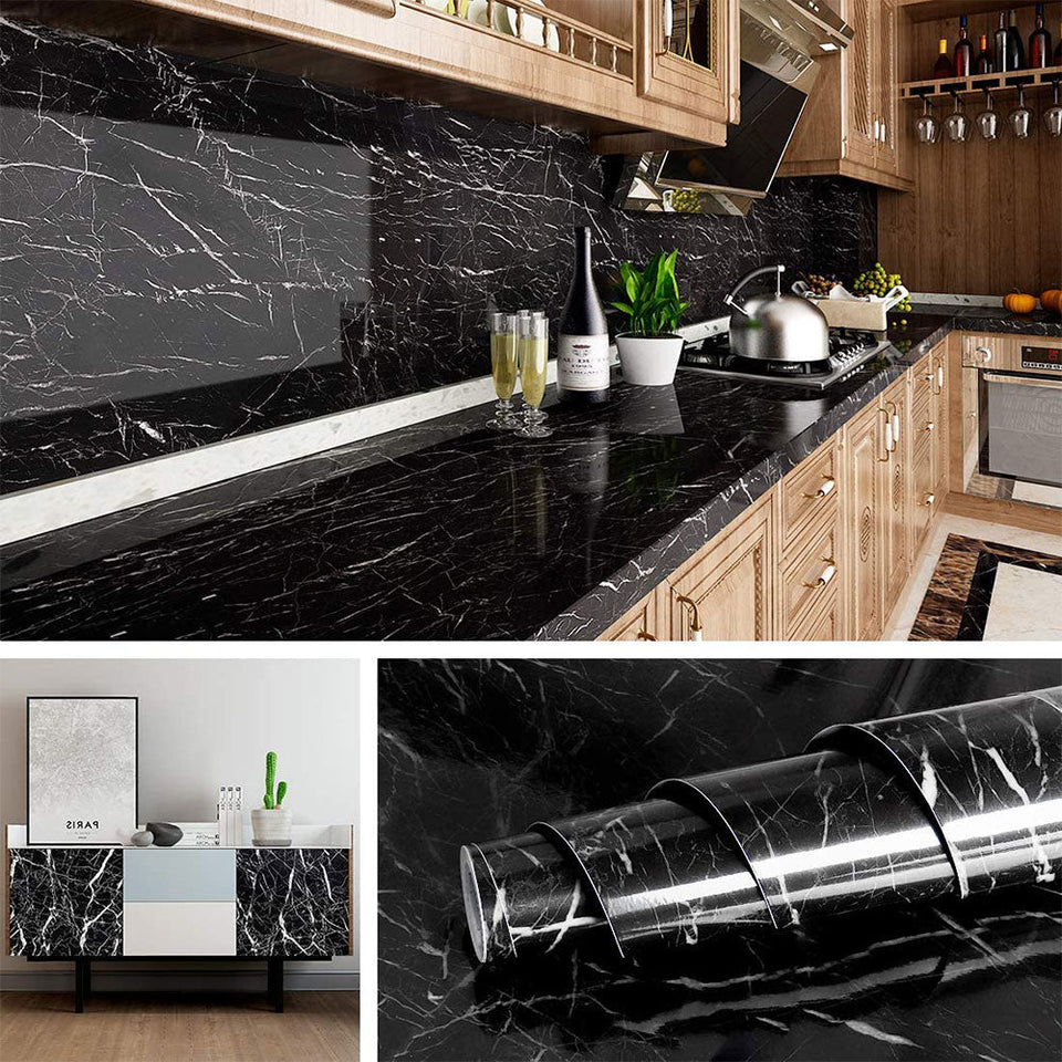 Self Adhesive Black Marble Sheet for Kitchen Waterproof – Pack of 5