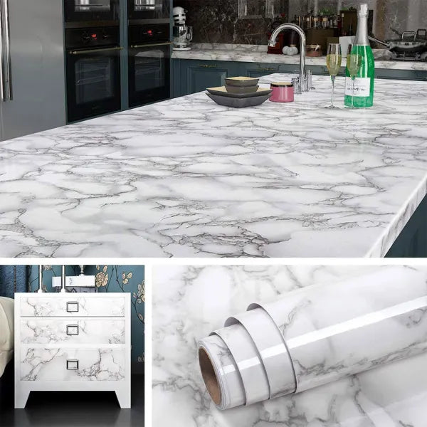Self Adhesive Black & White Marble Sheet for Kitchen Waterproof Anti